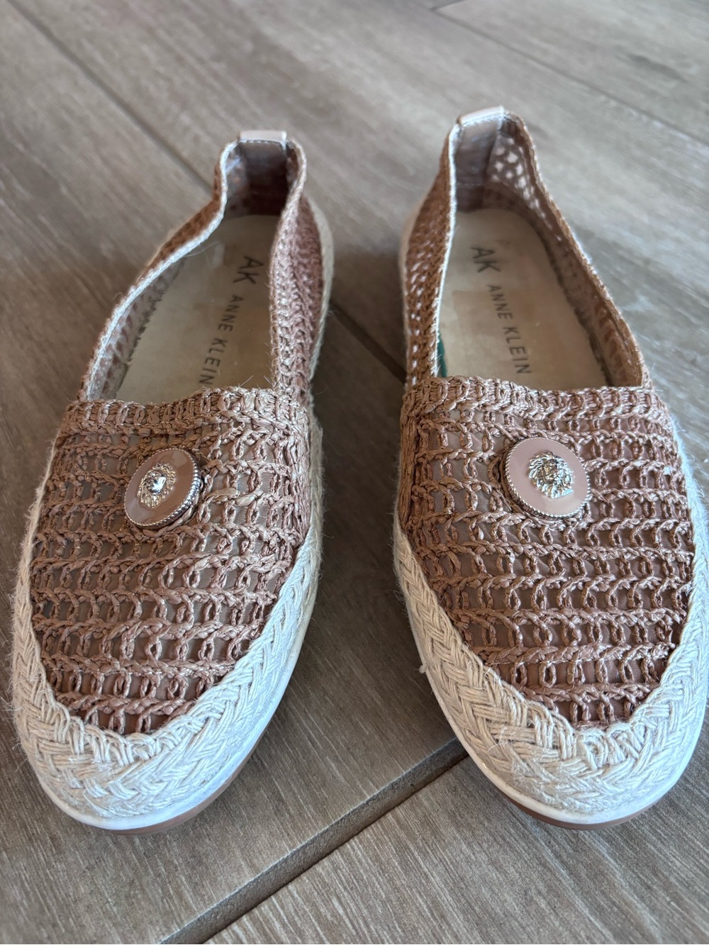 Anne Klein Tan Woven Espadrille Slip-On Flats with Crystal Button